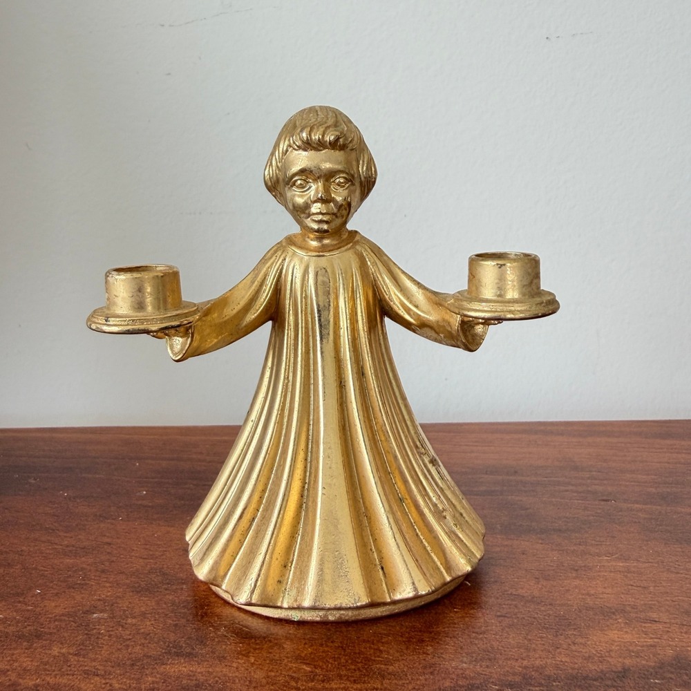 Vintage Gold Tone Metal Angel Choir Boy Double Candle Holder Chime Taper B Mark